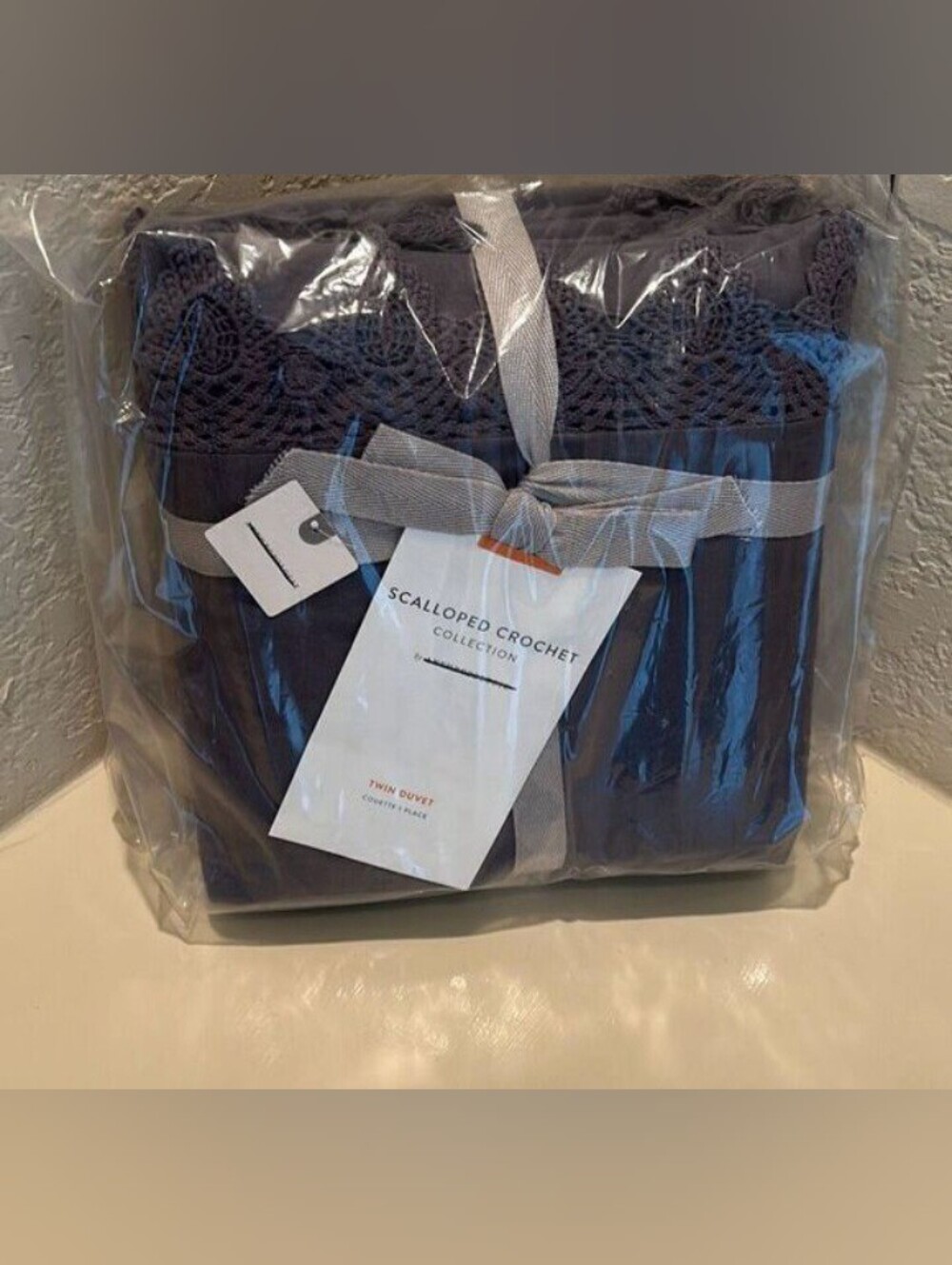 Anthropology Scalloped Crochet Collection Twin Duvet Cover Washed Midnight Blue
